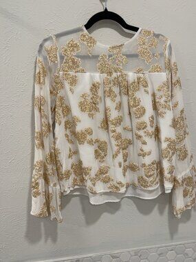 LOFT White Gold Metallic Floral Sheer Bell Sleeve Blouse